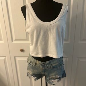 Aerie White Fitted Crop Tank Jersey Top With Side Knit Details, Summer, Boho